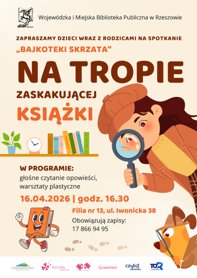 Grafika promująca spotkanie dla dzieci Na tropie zaskakującej książki